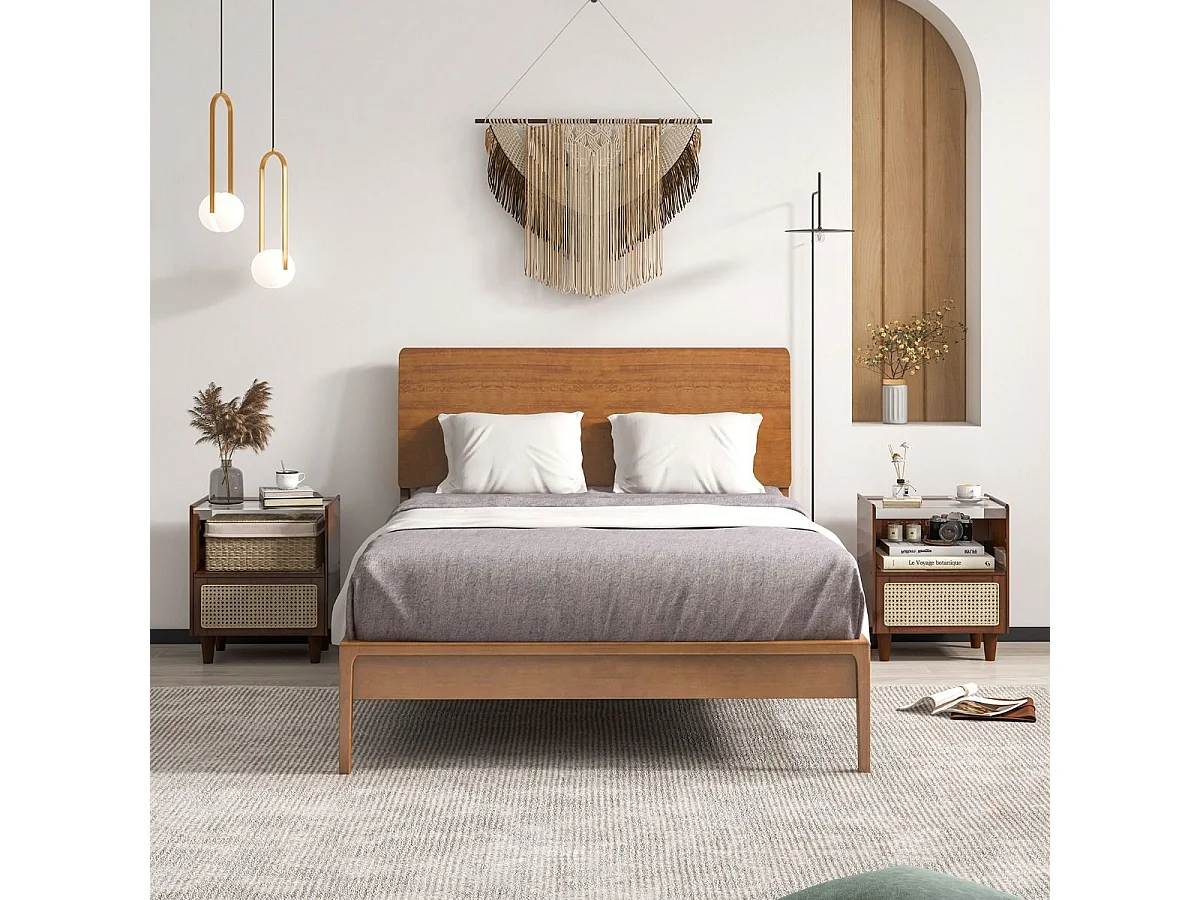 2 Nachttisch aus Bambus & Rattan mit Schublade und Beinen aus Massivholz Beistelltisch mit verstecktem Stauraum Braun