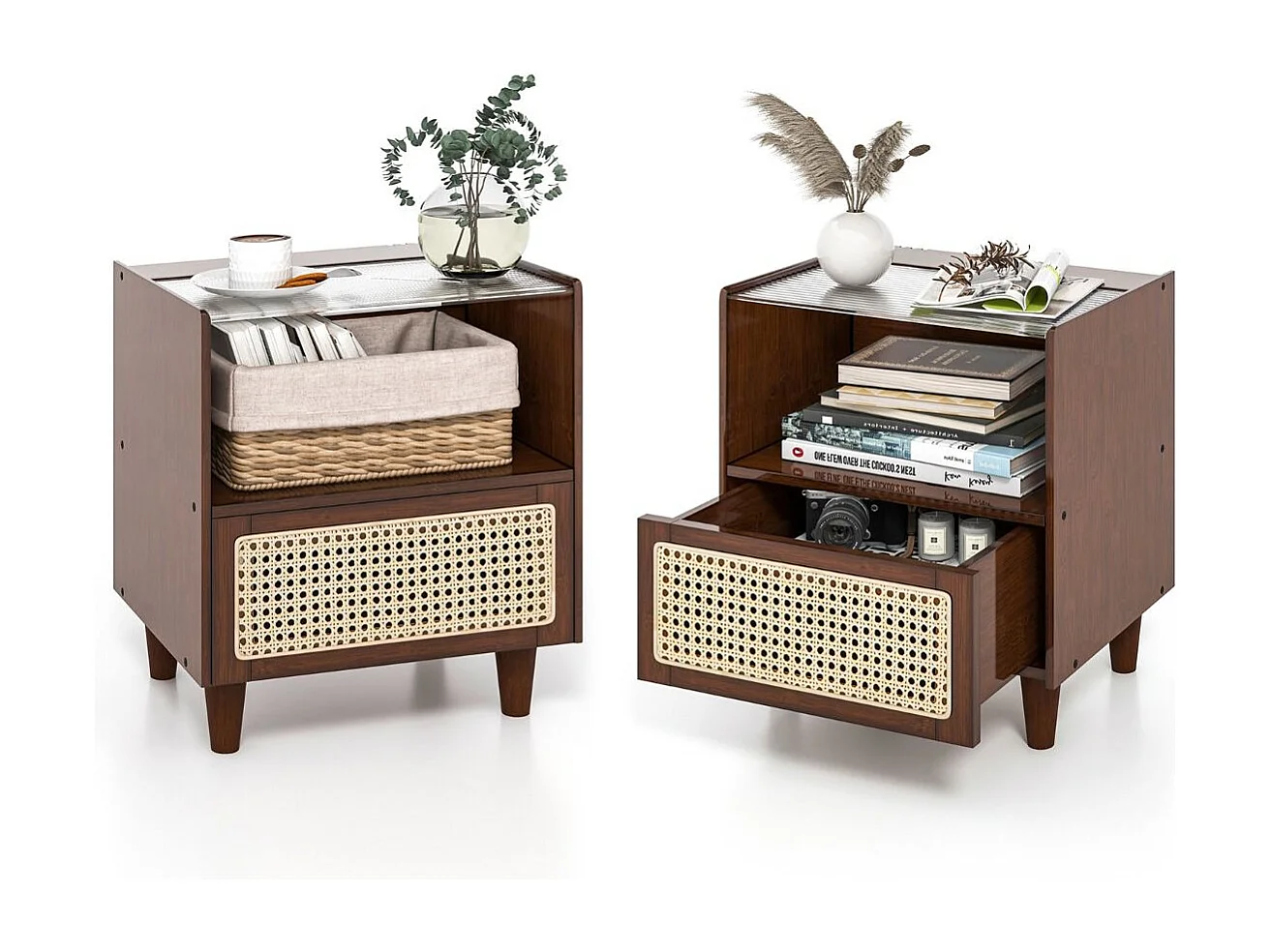 2 Nachttisch aus Bambus & Rattan mit Schublade und Beinen aus Massivholz Beistelltisch mit verstecktem Stauraum Braun