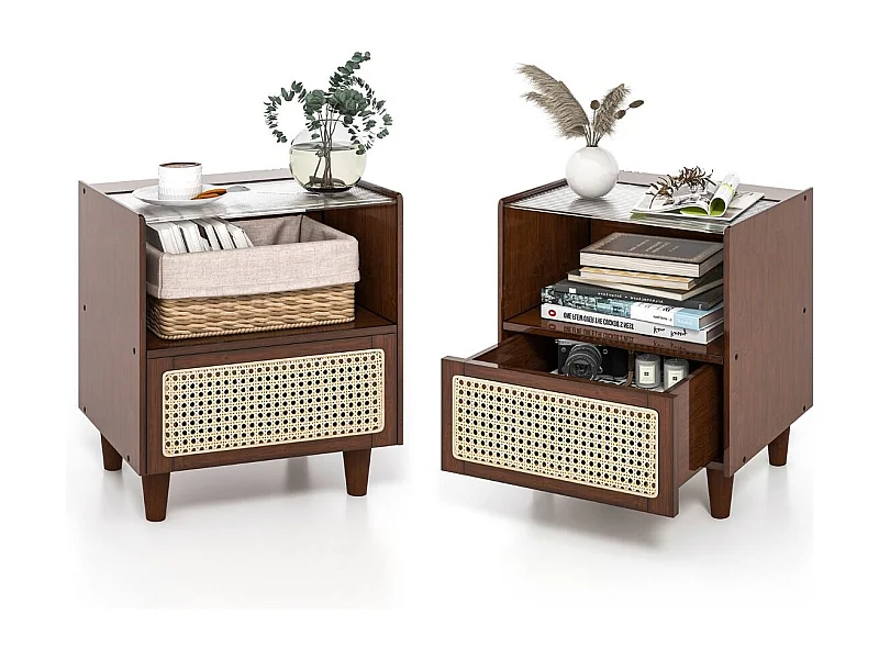 2 Nachttisch aus Bambus & Rattan mit Schublade und Beinen aus Massivholz Beistelltisch mit verstecktem Stauraum Braun