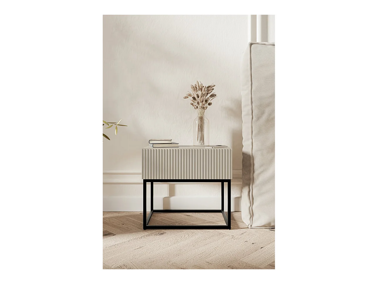 Nachttisch - Graubeige mit schwarzem Metallgestell - 50 cm - VELDIO