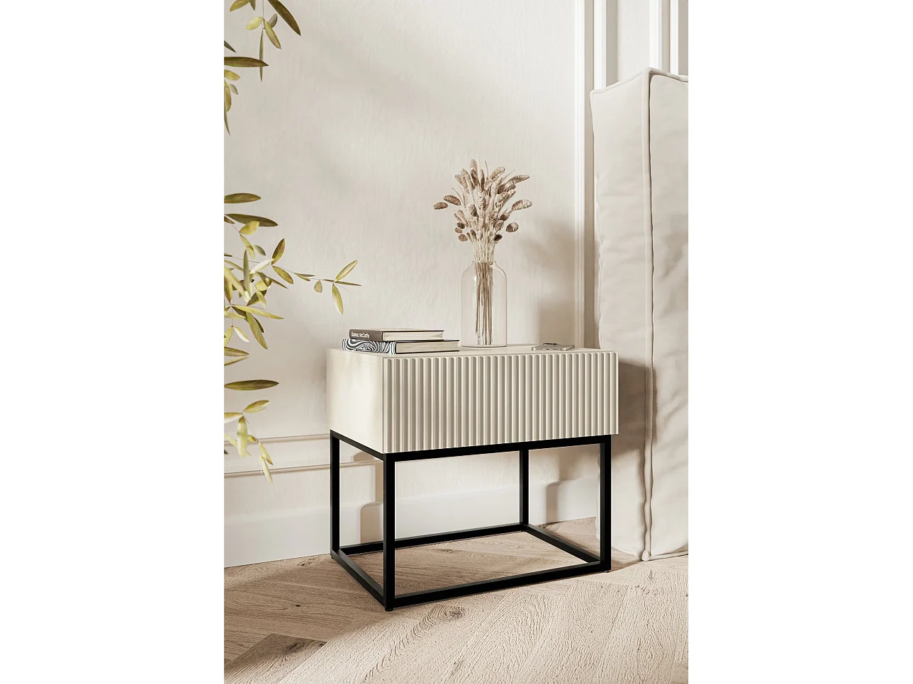 Table de chevet - 50 cm grège avec pieds noirs - VELDIO