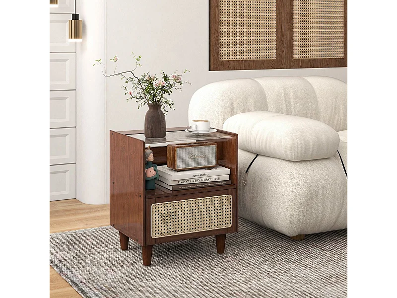 Table de Chevet avec Tiroir Table d'Appoint en Bambou avec Plateau en VerrePieds en Bois Massif 43 x 35 x 50 cm Brun