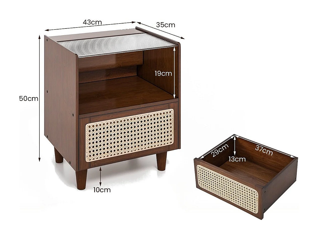 Nachttisch aus Bambus & Rattan mit Schublade und Beinen aus Massivholz Beistelltisch mit verstecktem Stauraum Braun