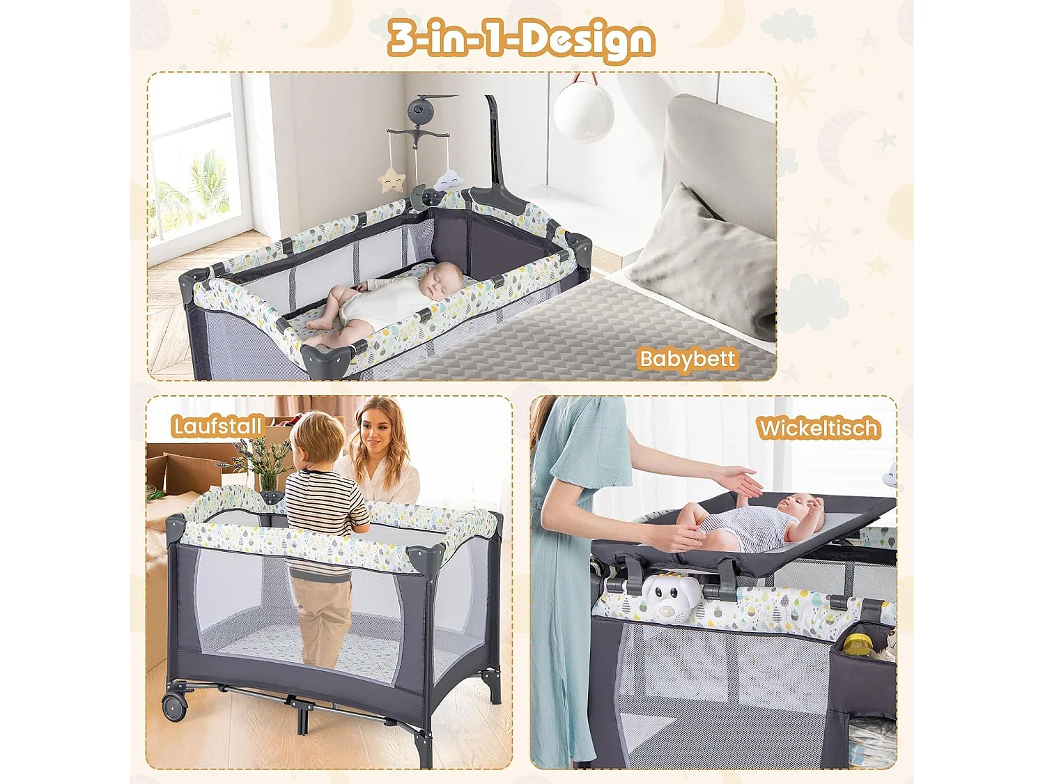 3 in 1 Beistellbett klappbar, Reisebett mit Matratze, Wickeltisch & Tragetasche, 2 Ebene Babybett mit Rollen für Baby bis 36 Monaten NQ32243