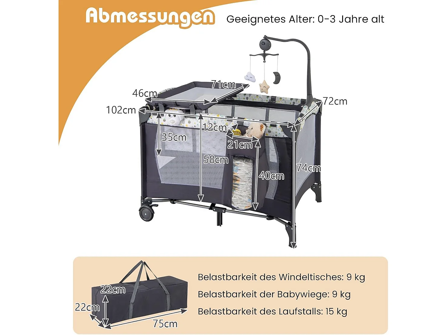 3 in 1 Beistellbett klappbar, Reisebett mit Matratze, Wickeltisch & Tragetasche, 2 Ebene Babybett mit Rollen für Baby bis 36 Monaten NQ32243