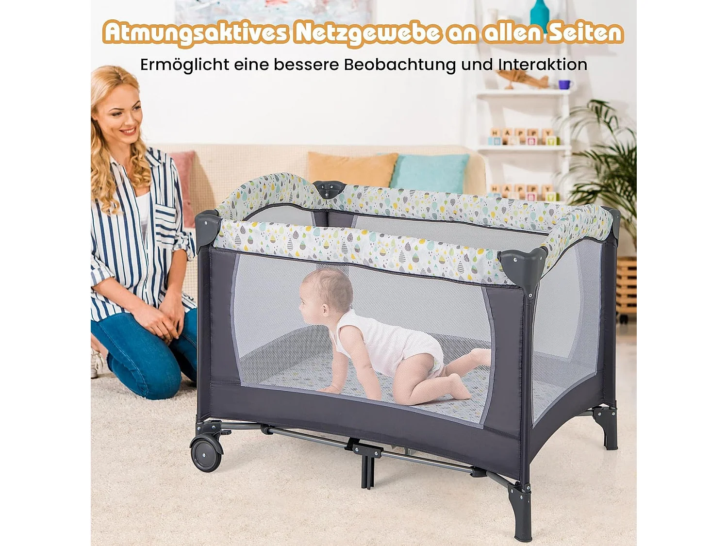 3 in 1 Beistellbett klappbar, Reisebett mit Matratze, Wickeltisch & Tragetasche, 2 Ebene Babybett mit Rollen für Baby bis 36 Monaten NQ32243