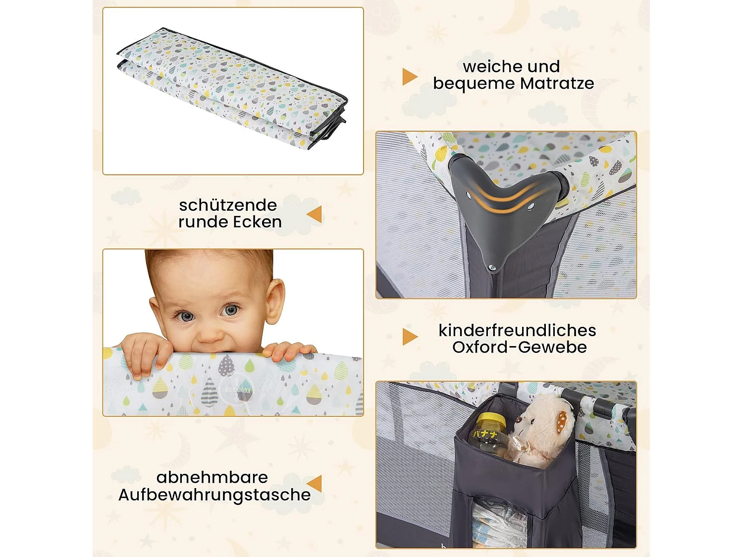 3 in 1 Beistellbett klappbar, Reisebett mit Matratze, Wickeltisch & Tragetasche, 2 Ebene Babybett mit Rollen für Baby bis 36 Monaten NQ32243