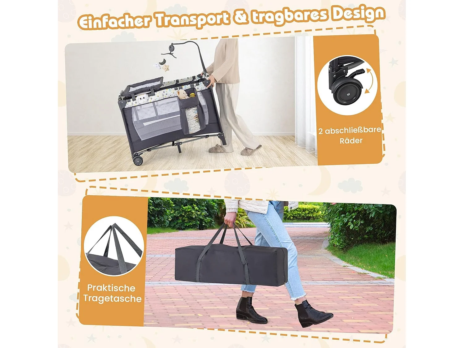 3 in 1 Beistellbett klappbar, Reisebett mit Matratze, Wickeltisch & Tragetasche, 2 Ebene Babybett mit Rollen für Baby bis 36 Monaten NQ32243