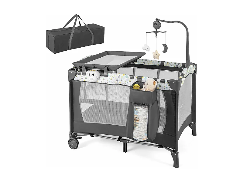 3 in 1 Beistellbett klappbar, Reisebett mit Matratze, Wickeltisch & Tragetasche, 2 Ebene Babybett mit Rollen für Baby bis 36 Monaten NQ32243