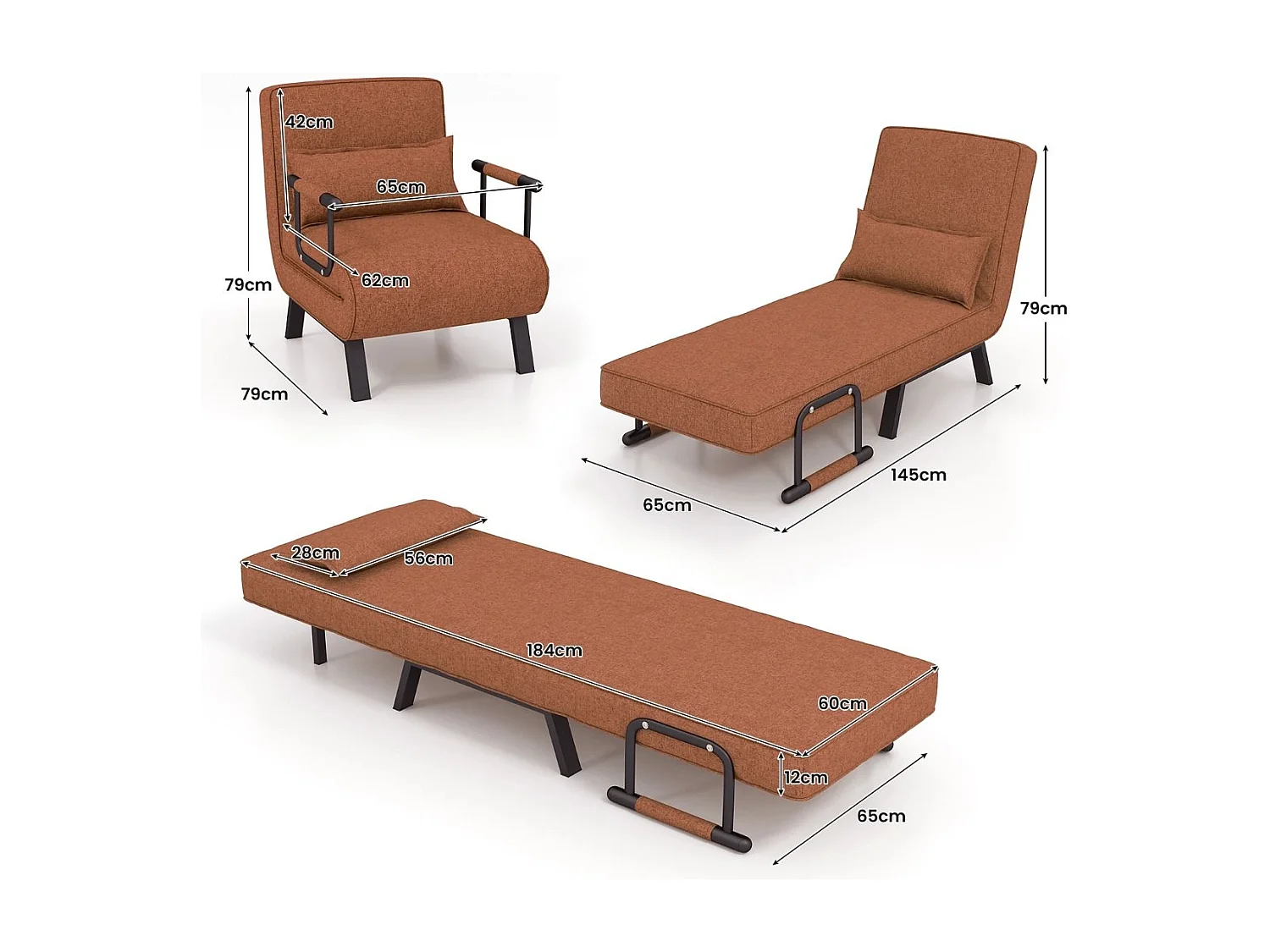 Divano letto trasformabile con schienale regolabile in 6 posizioni cuscino rimovibile, Divano chaise lounge Caffè