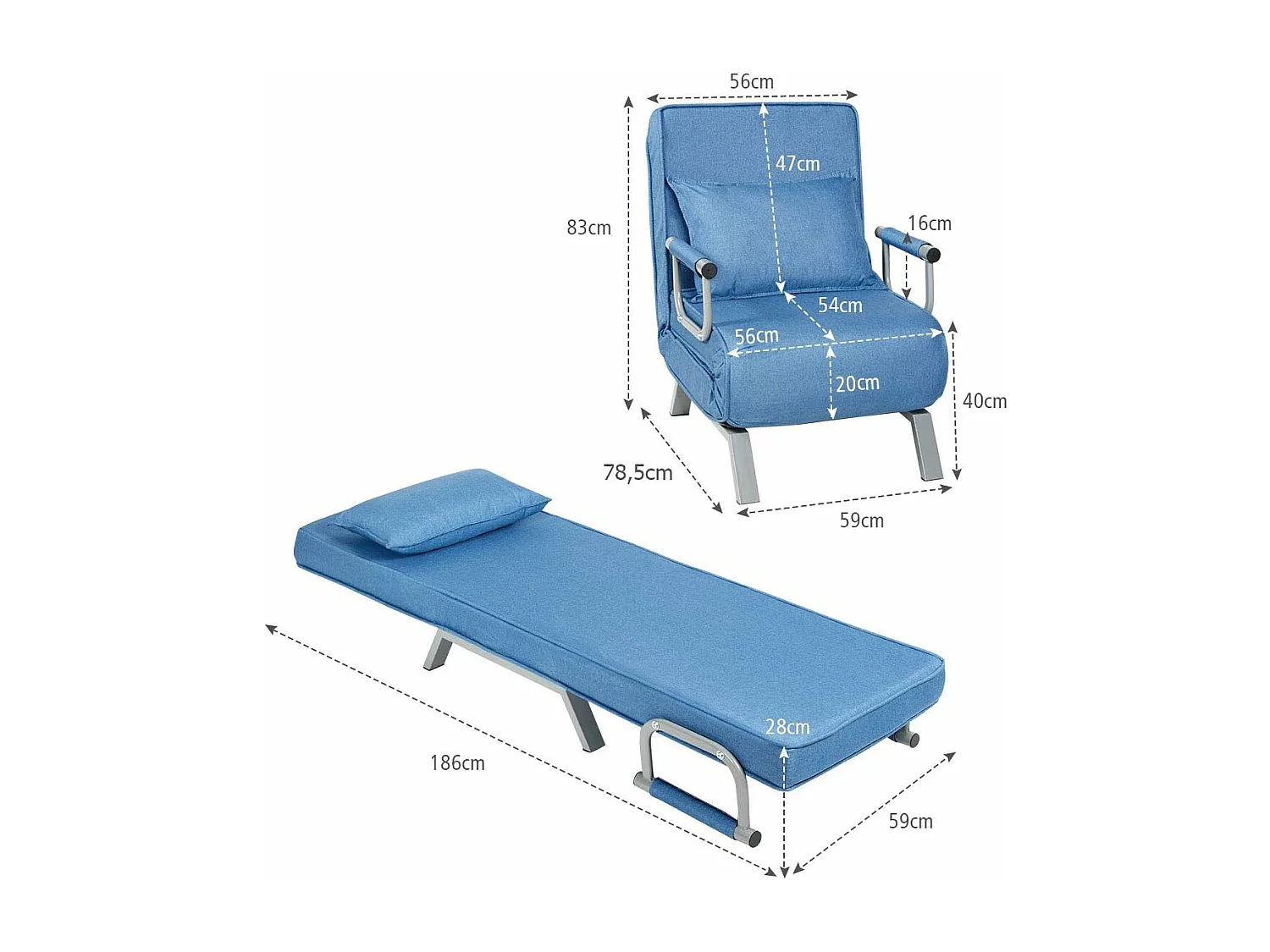 4-in-1 slaapstoel, inklapbaar, slaapbank met 5 standen, verstelbare rugleuning,bankbed met metalen frame, belastbaar tot 150 kg TH32639