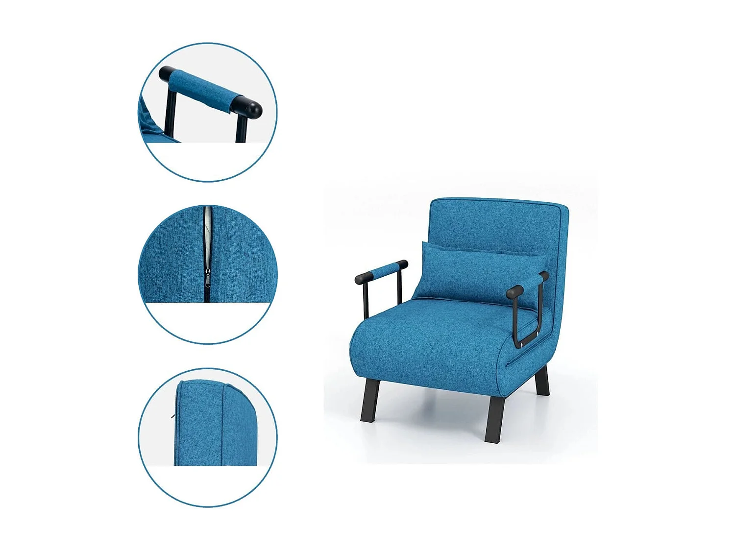 Divano letto trasformabile con schienale regolabile in 6 posizioni cuscino rimovibile, Divano chaise lounge Blu