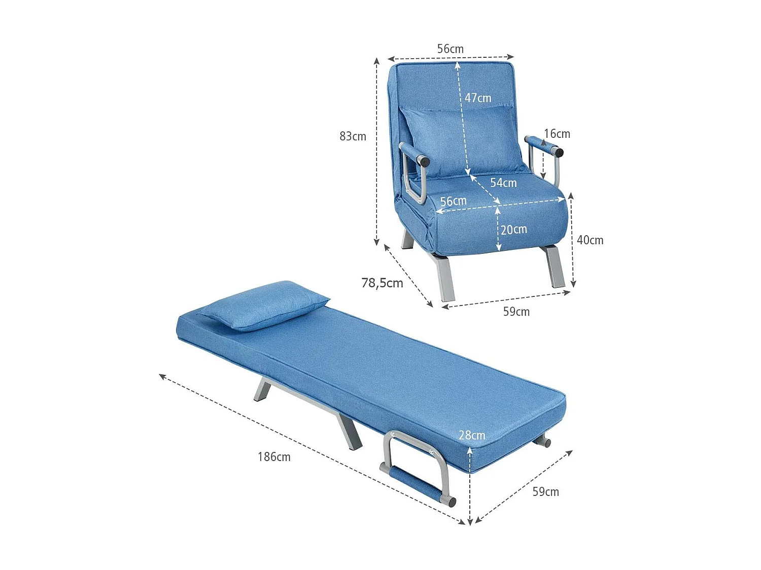 Divano letto trasformabile con schienale regolabile in 6 posizioni cuscino rimovibile, Divano chaise lounge Blu