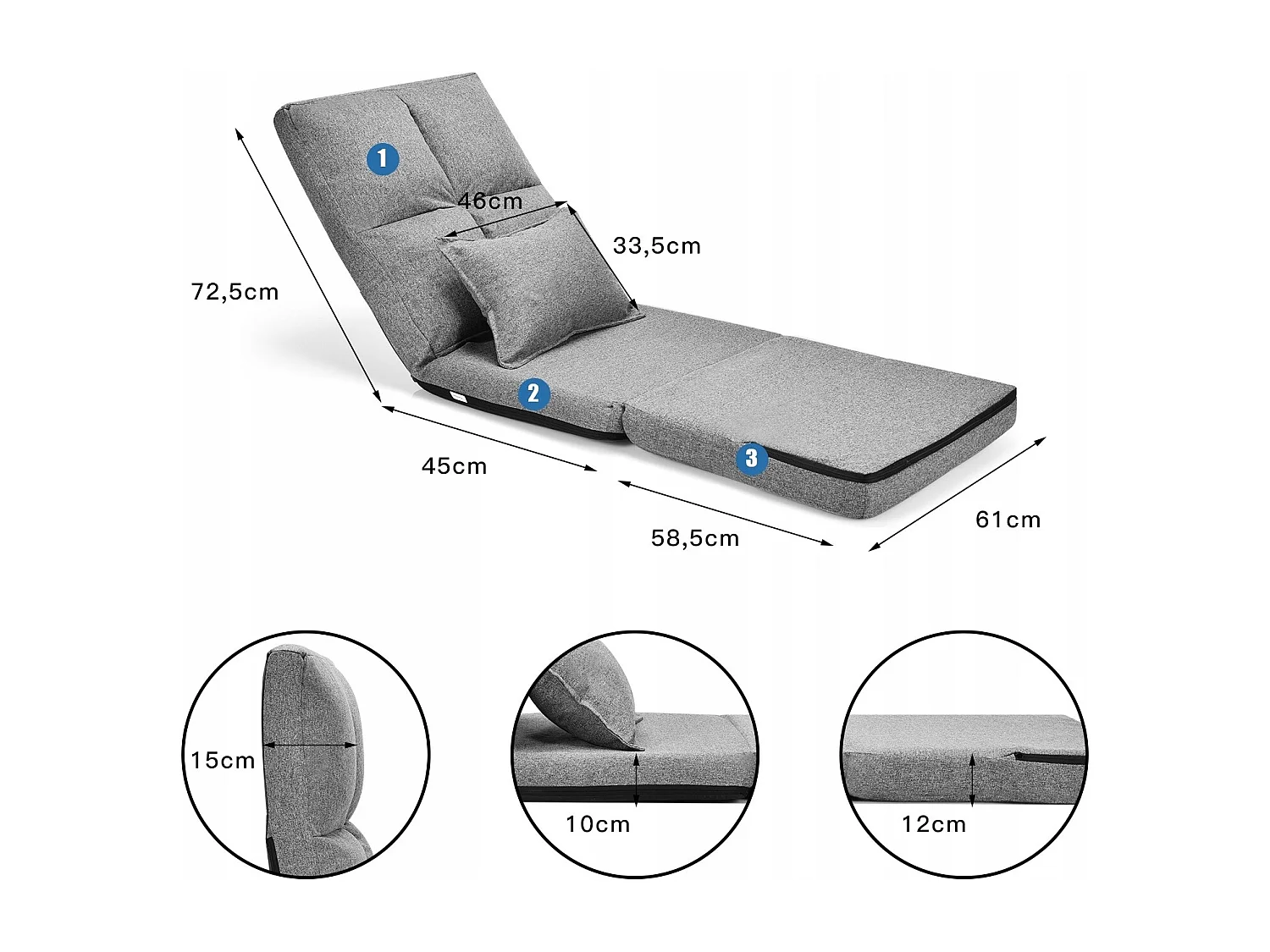 Chaise Paresseux sur Plancher Pliable avec Dossier à 5 Positions Réglables Gris