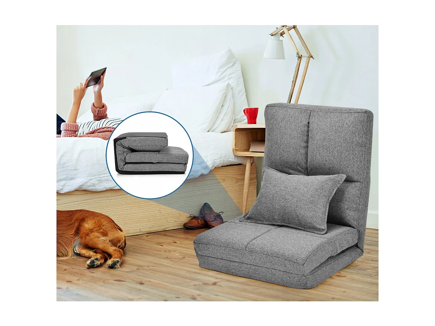 Chaise Paresseux sur Plancher Pliable avec Dossier à 5 Positions Réglables Gris