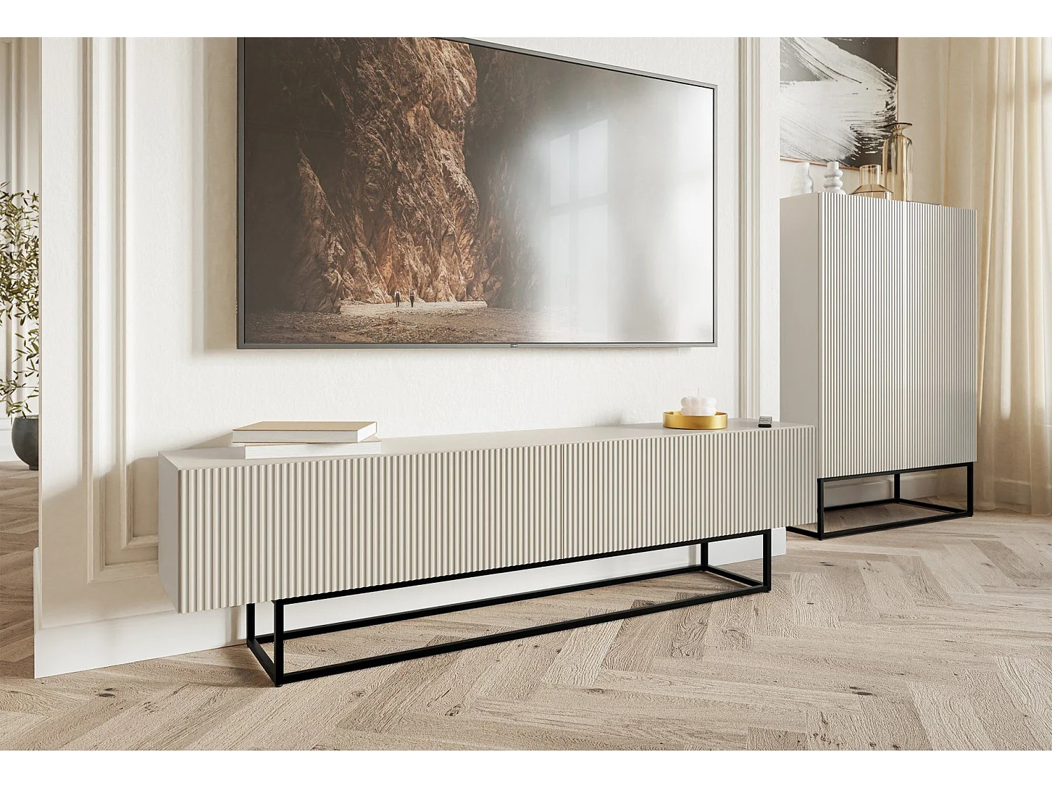 TV-Lowboard - Greige mit schwarzem Metallgestell - 175 cm - Veldio