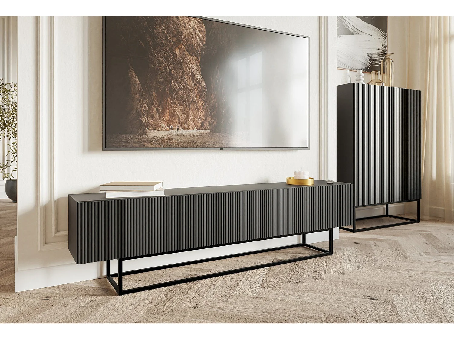 Meuble TV sur pieds noir - 175 cm - noir - VELDIO