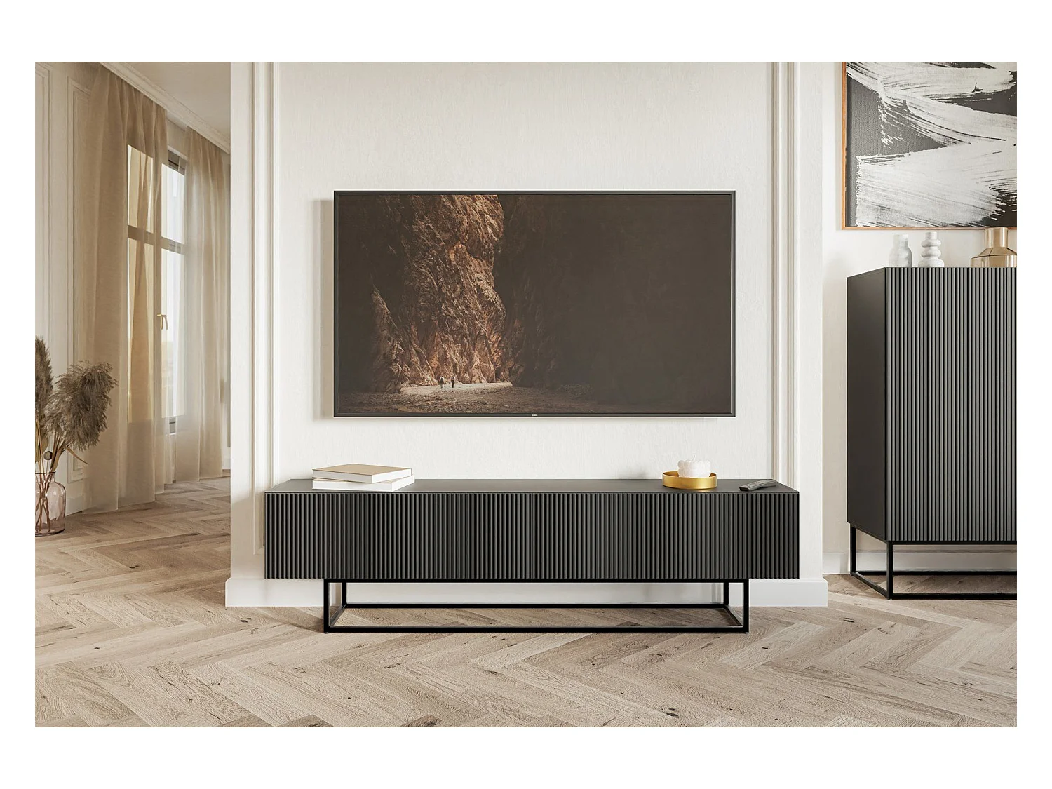 Zwarte tv-standaard op poten - 175 cm - zwart - VELDIO