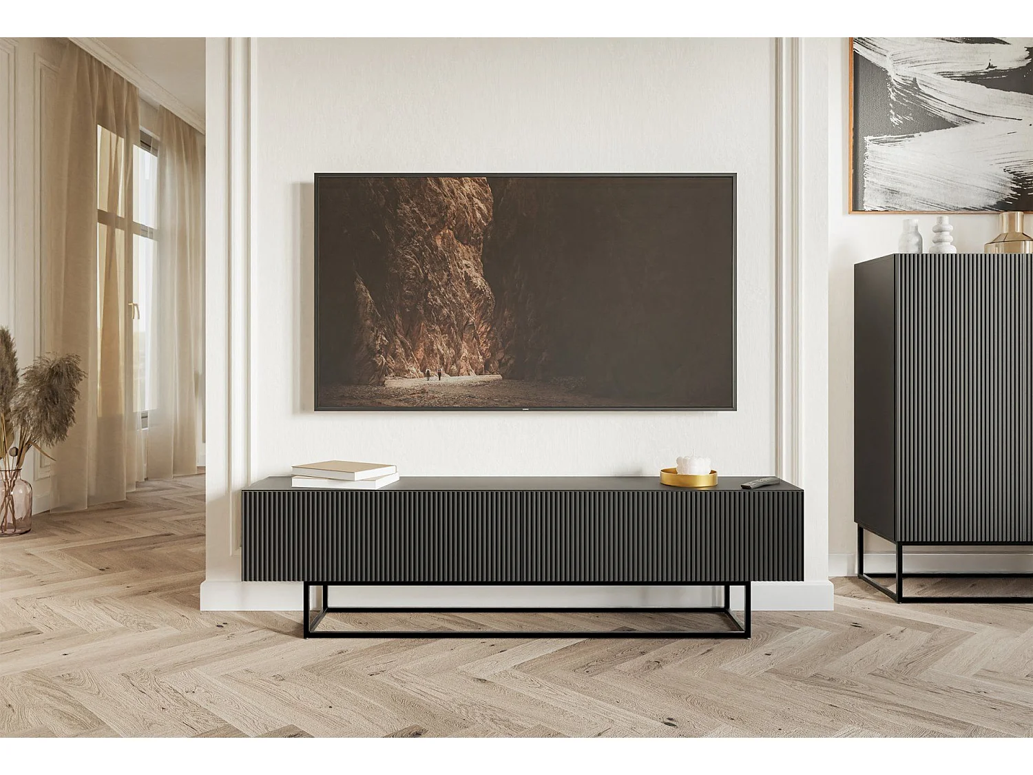 Meuble TV sur pieds noir - 175 cm - noir - VELDIO