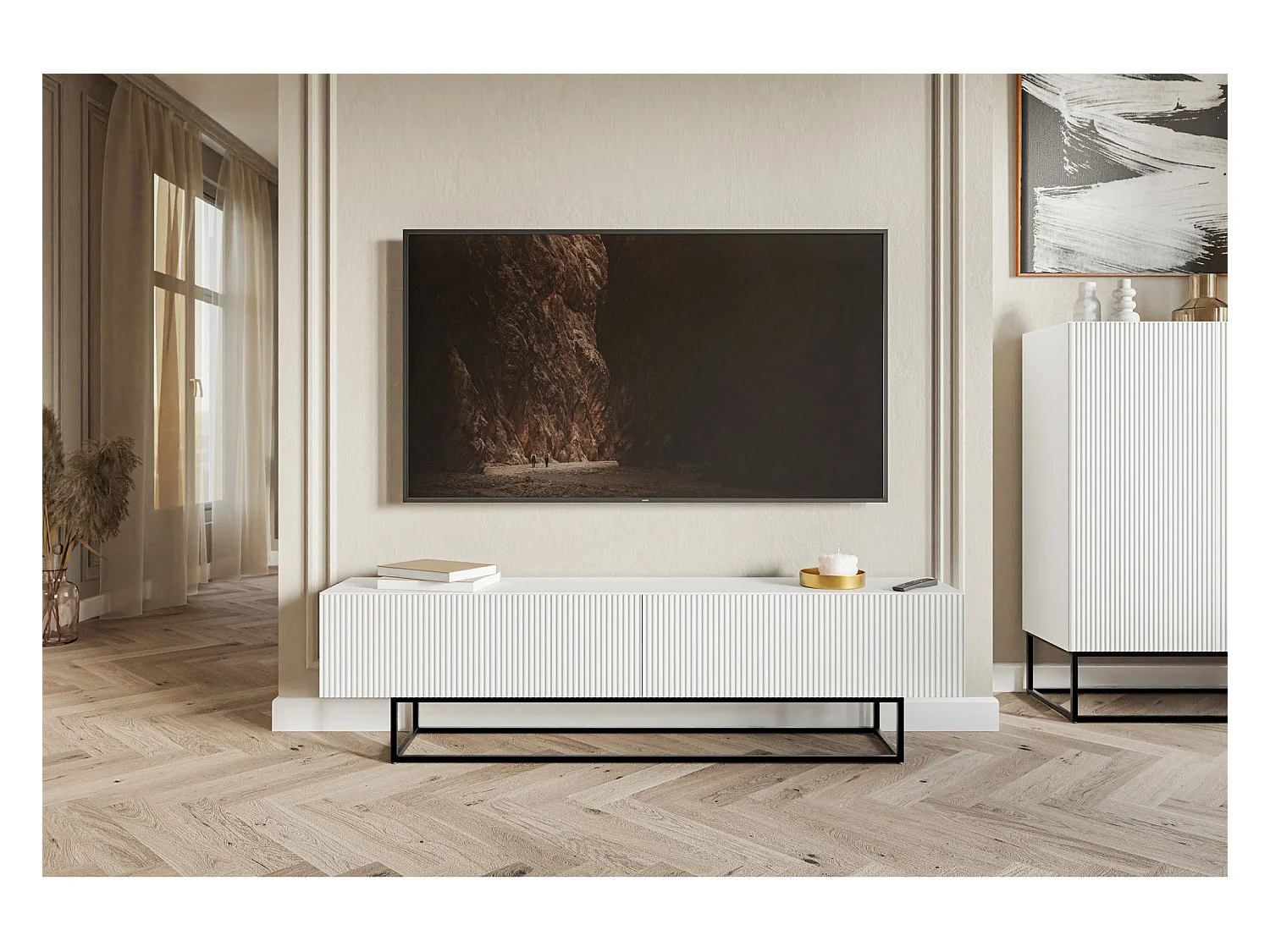 Meuble TV sur pieds noir - 175 cm - blanc - VELDIO