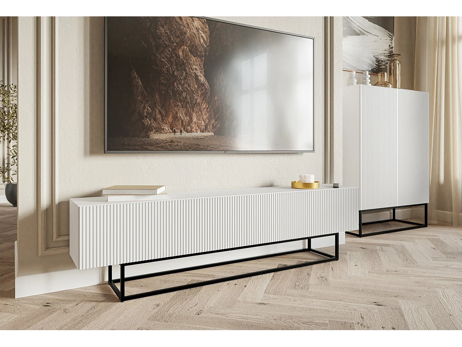 Meuble TV sur pieds noir - 175 cm - blanc - VELDIO