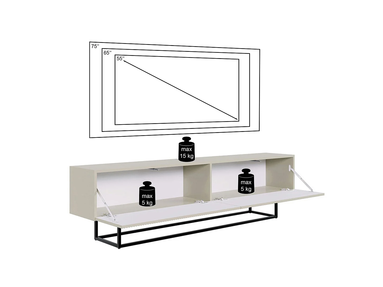 Meuble TV sur pieds noir - 175 cm - blanc - VELDIO