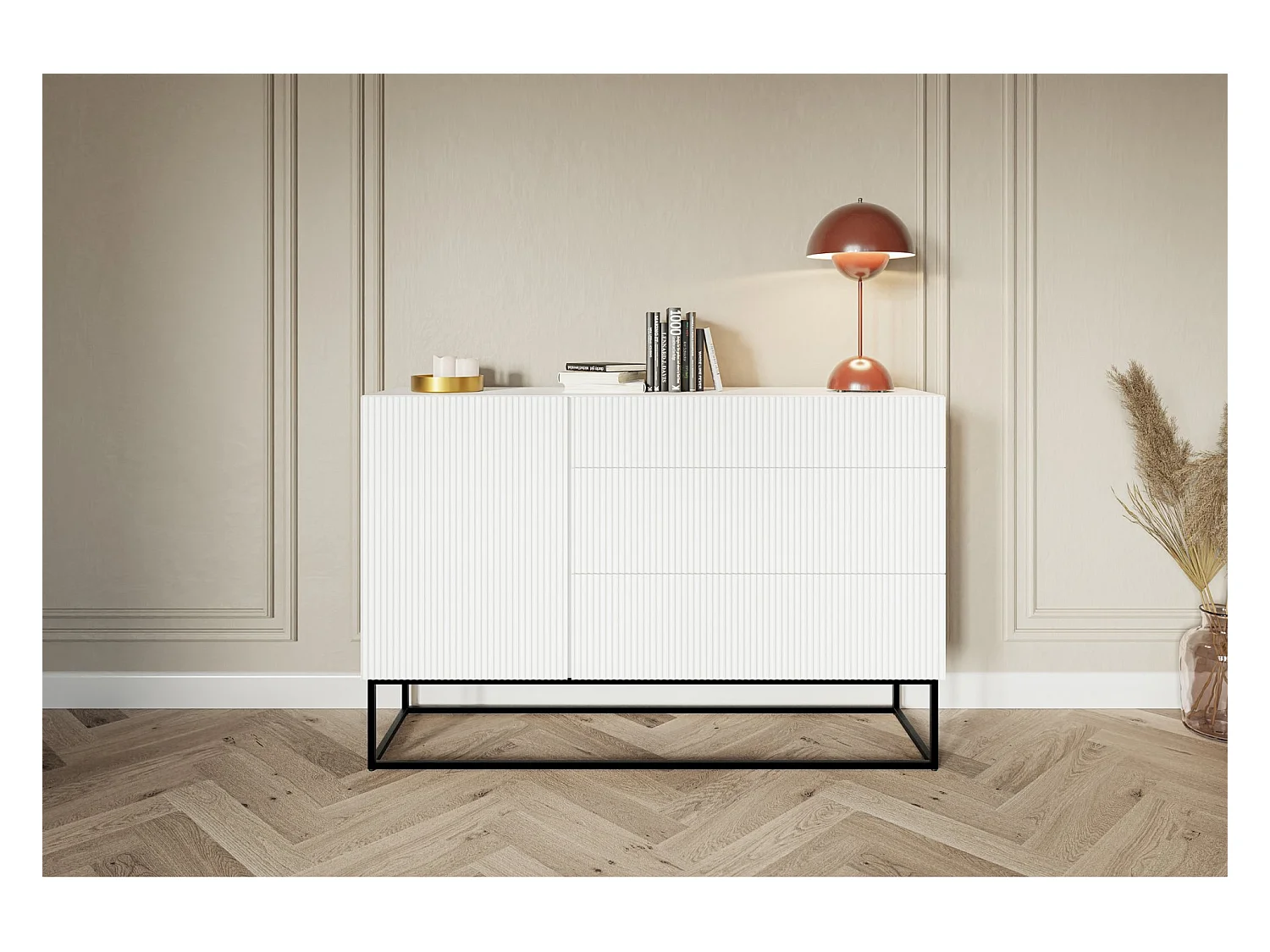 Buffet 1 porte - 140 cm - blanc avec pieds noirs - VELDIO