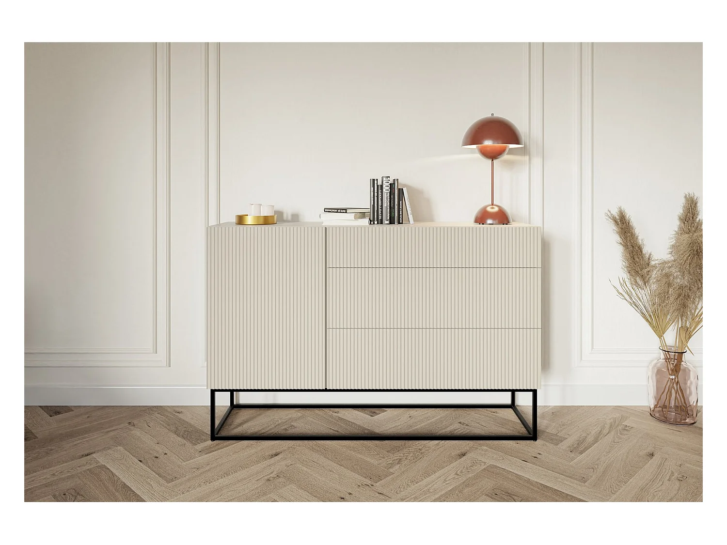 Buffet 1 porte - 140 cm - grège avec pieds noirs - VELDIO