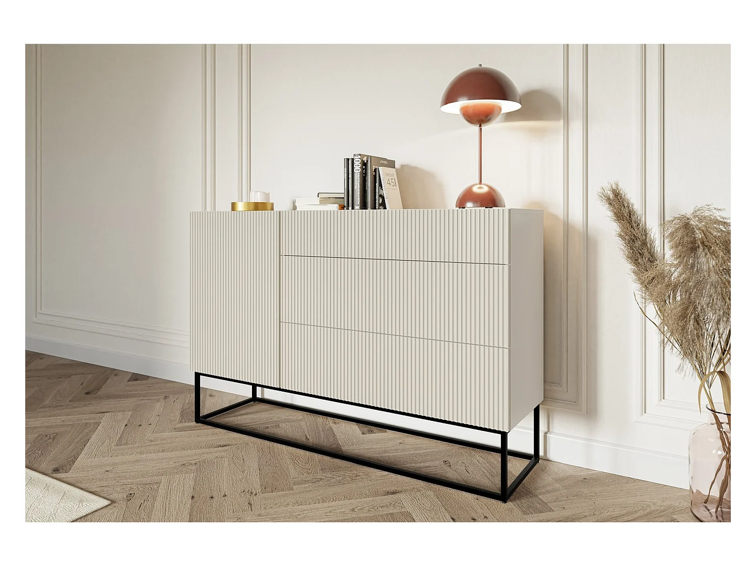 Sideboard mit Schubladen - Graubeige mit schwarzem Metallgestell - 140 cm - VELDIO