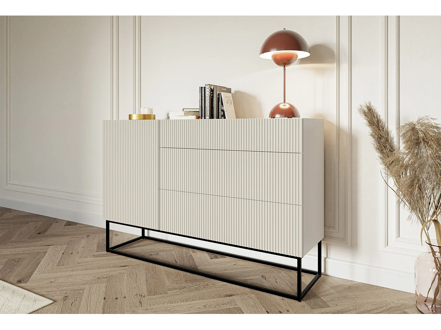 Buffet 1 porte - 140 cm - grège avec pieds noirs - VELDIO