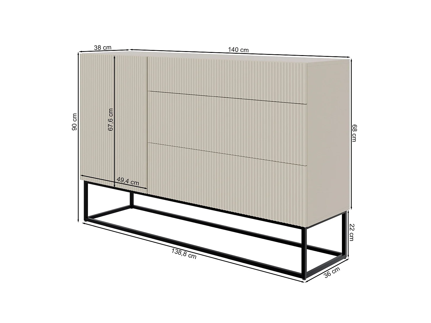 Buffet 1 porte - 140 cm - grège avec pieds noirs - VELDIO