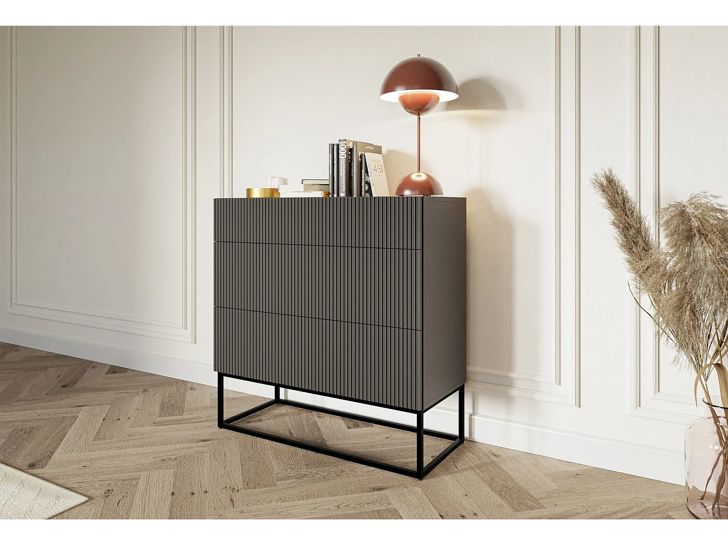 Commode 3 tiroirs - 90 cm - noir avec pieds noirs - VELDIO