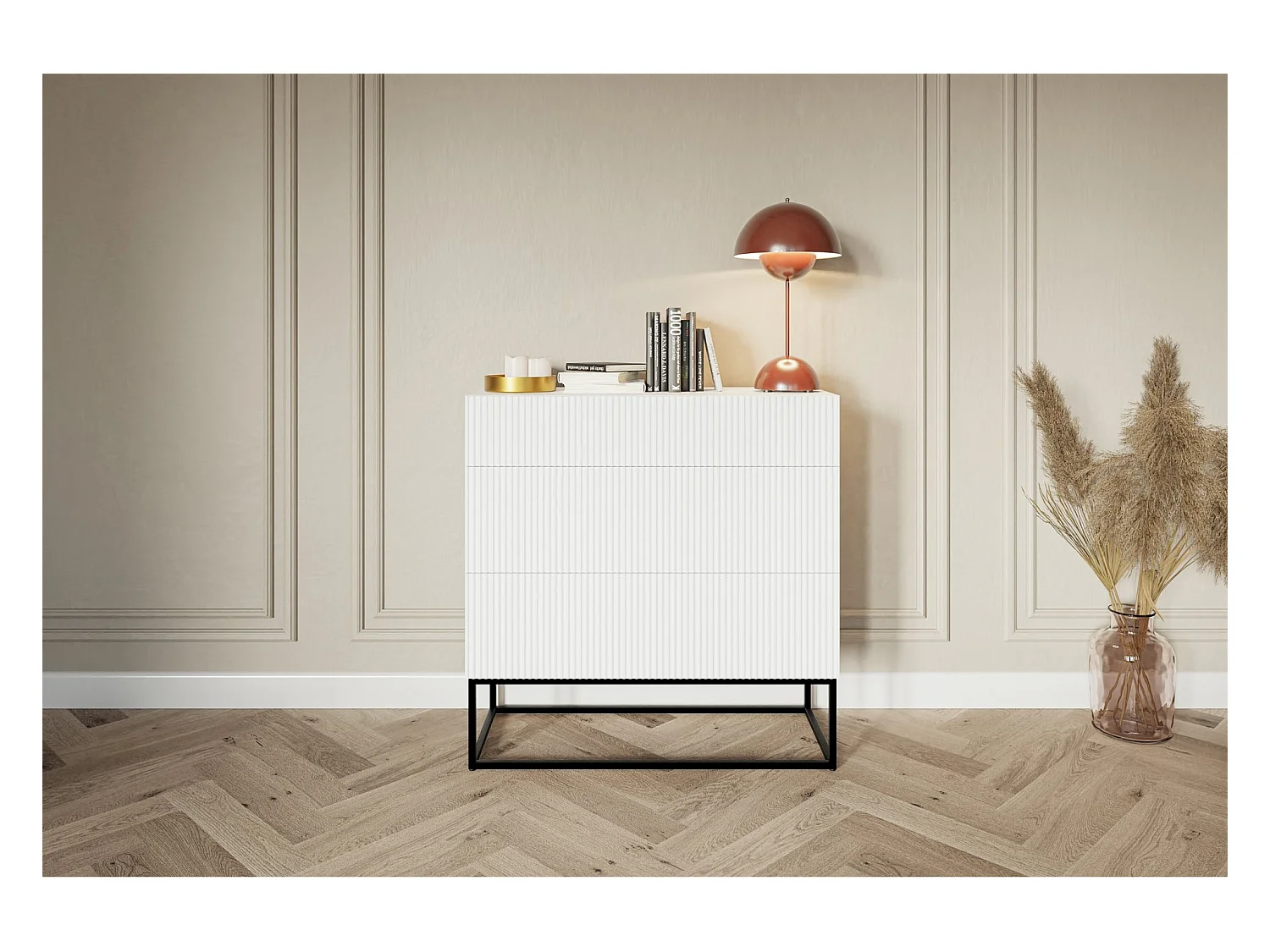 Commode 3 tiroirs - 90 cm - blanc avec pieds noirs - VELDIO