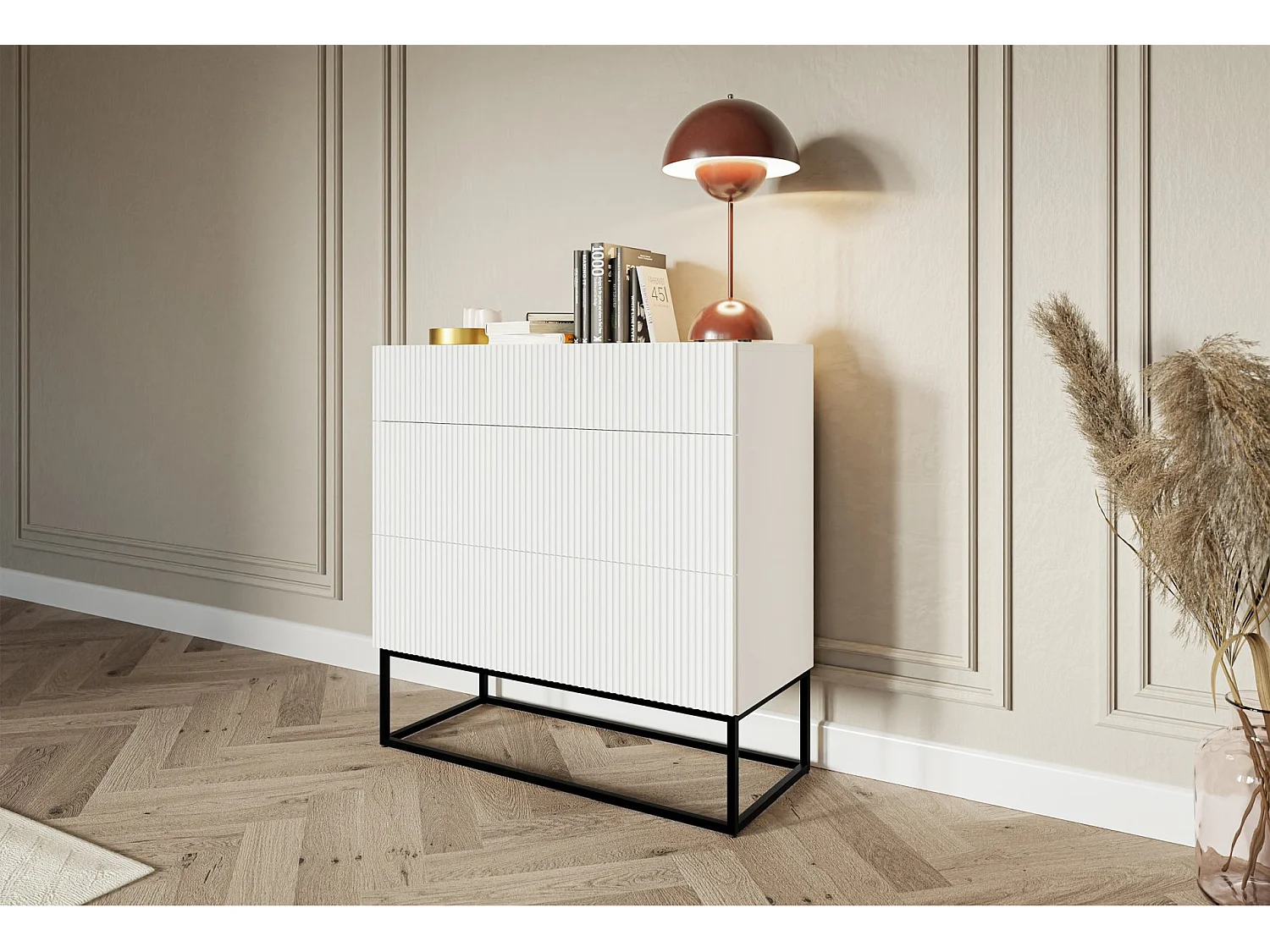 Commode 3 tiroirs - 90 cm - blanc avec pieds noirs - VELDIO