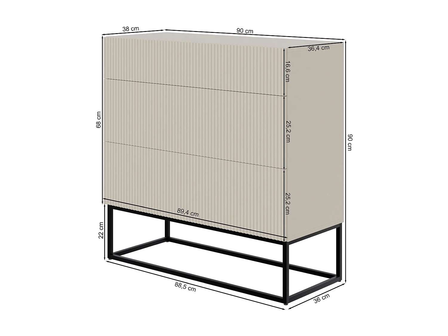 Commode 3 tiroirs - 90 cm - blanc avec pieds noirs - VELDIO