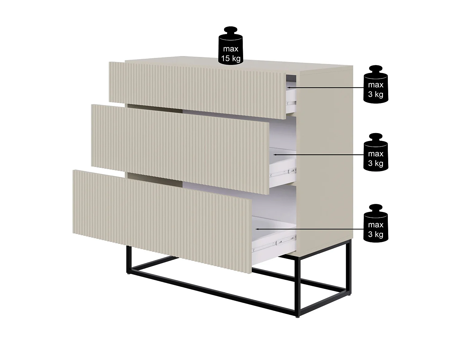 Commode 3 tiroirs - 90 cm - blanc avec pieds noirs - VELDIO