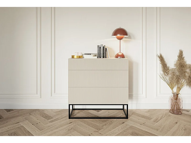 Commode 3 tiroirs - 90 cm - grège avec pieds noirs - VELDIO