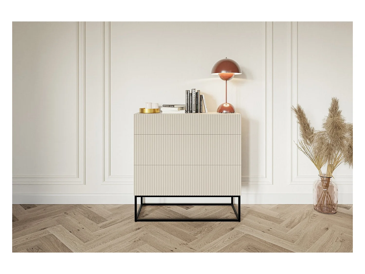 Commode 3 tiroirs - 90 cm - grège avec pieds noirs - VELDIO