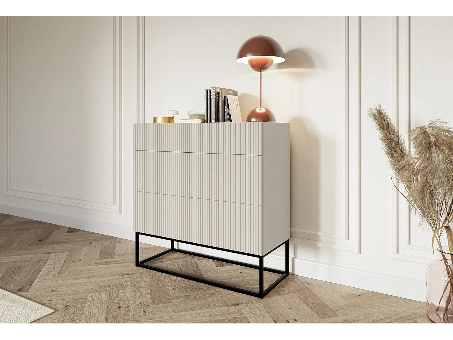 Commode 3 tiroirs - 90 cm - grège avec pieds noirs - VELDIO