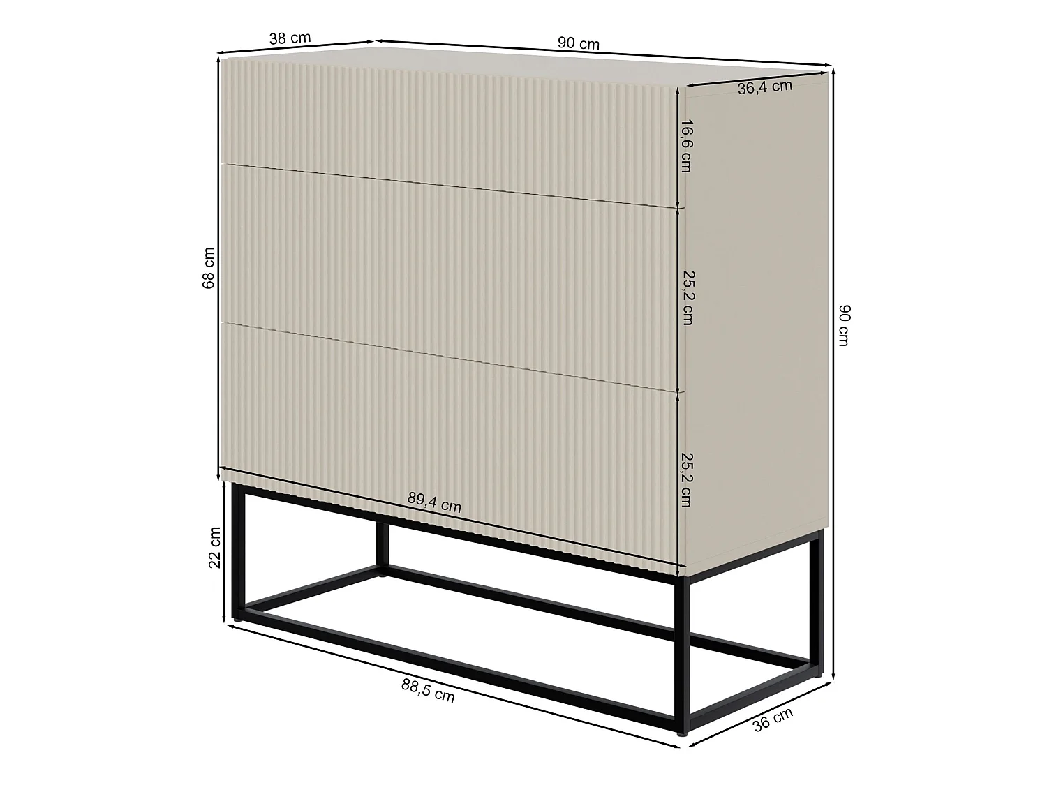 Commode 3 tiroirs - 90 cm - grège avec pieds noirs - VELDIO