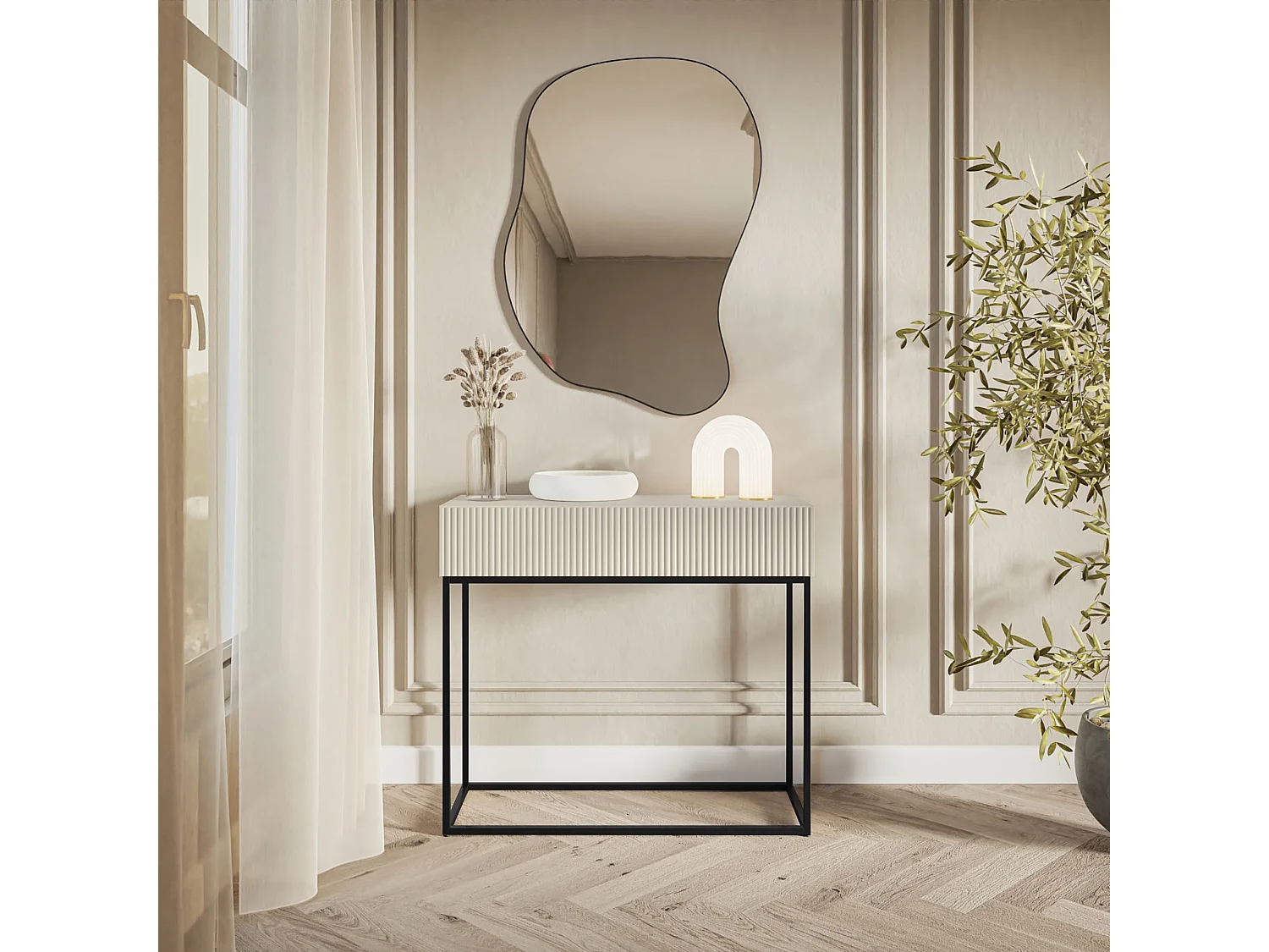 Table console avec tiroir - debout - 90 cm - grėge - avec pieds noirs - VELDIO