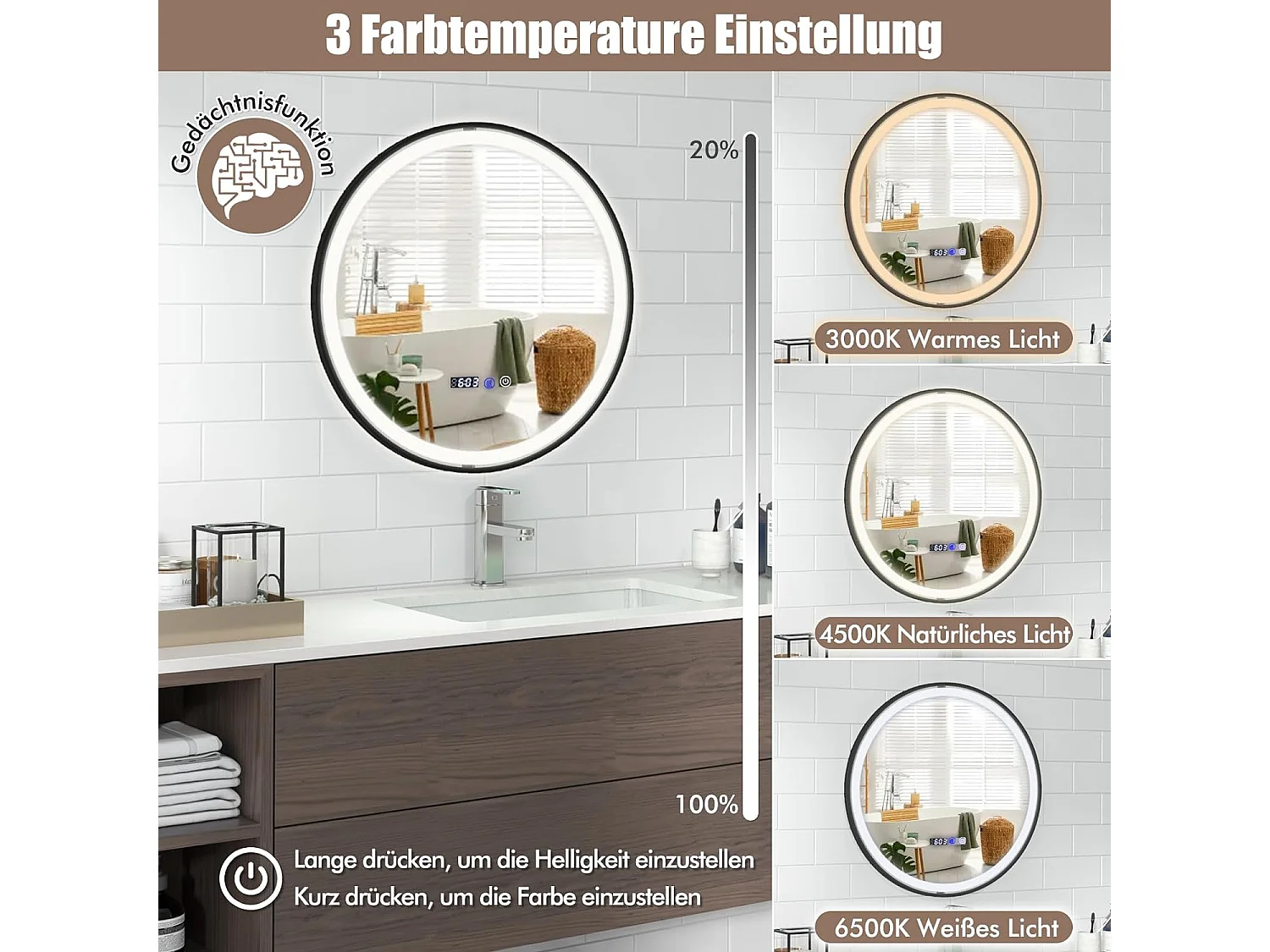 Beleuchteter Badezimmerspiegel, LED Badspiegel Wandspiegel mit 3-farbigem LED-Licht, Memory-Funktion & Antibeschlagfunktion NM0262