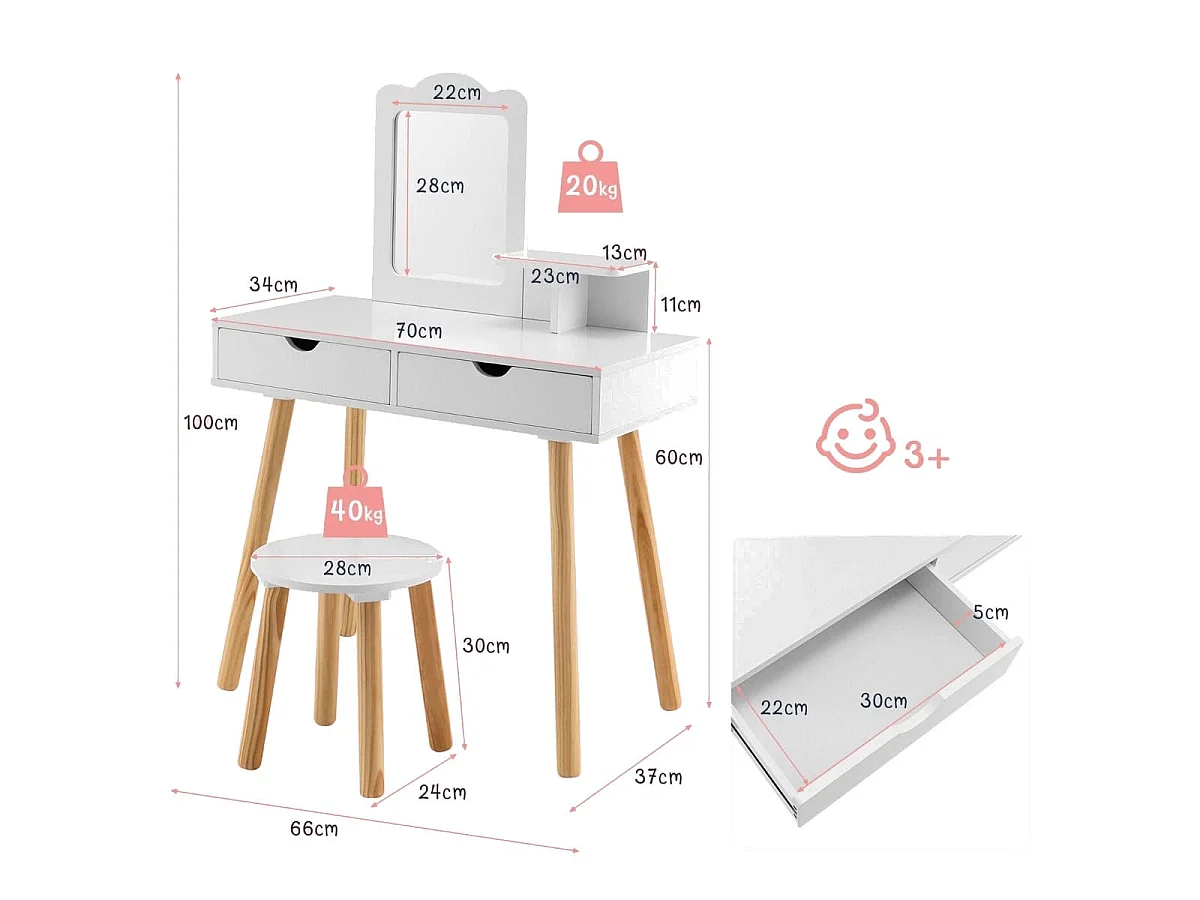 Holz-Frisiertisch mit Spiegel für Kinder + Frisiertischstuhl