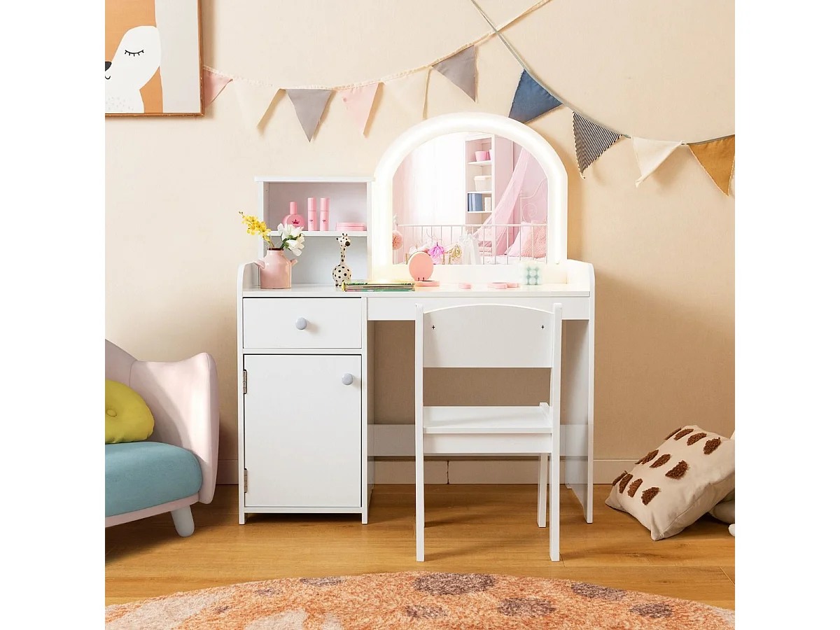 Kinder-Schminktisch mit Hocker und LED-Lampen, weiß