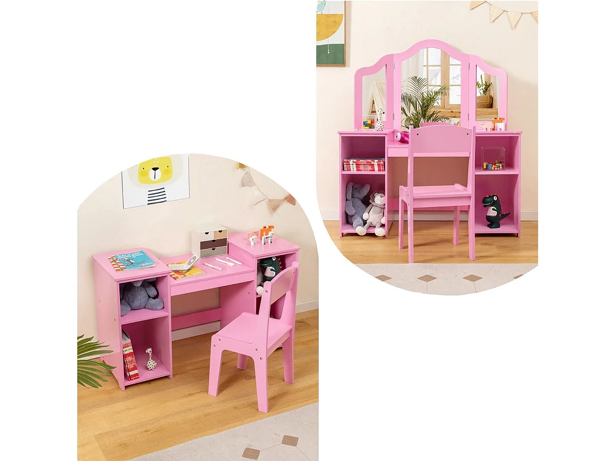 2 in 1 Kinder Schminktisch Schreibtisch mit Abnehmbarem Spiegel & Offenen Fächern Rosa