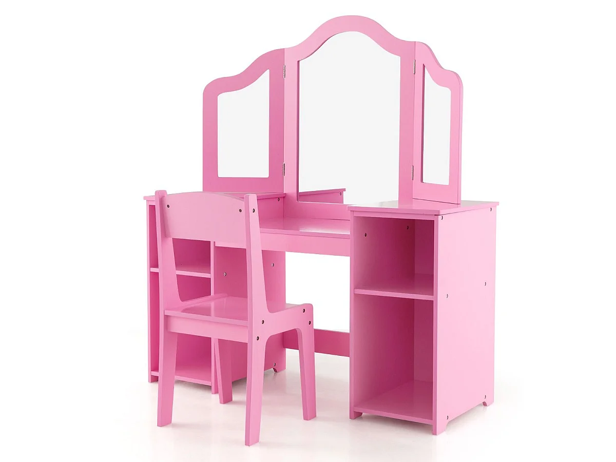 2 in 1 Kinder Schminktisch Schreibtisch mit Abnehmbarem Spiegel & Offenen Fächern Rosa