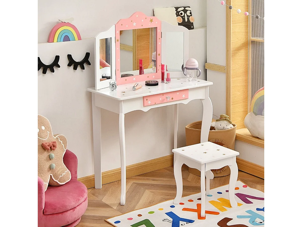 Kinder Schminktisch Prinzessin Frisiertisch mit Schublade Klappbarer Spiegel mit Schminktisch Weiß
