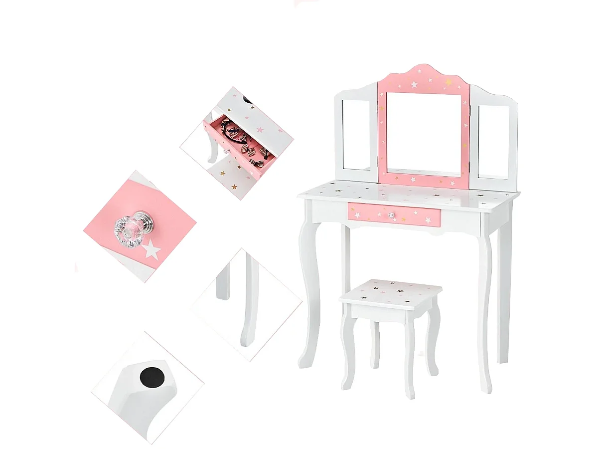 Kinder Schminktisch Prinzessin Frisiertisch mit Schublade Klappbarer Spiegel mit Schminktisch Weiß
