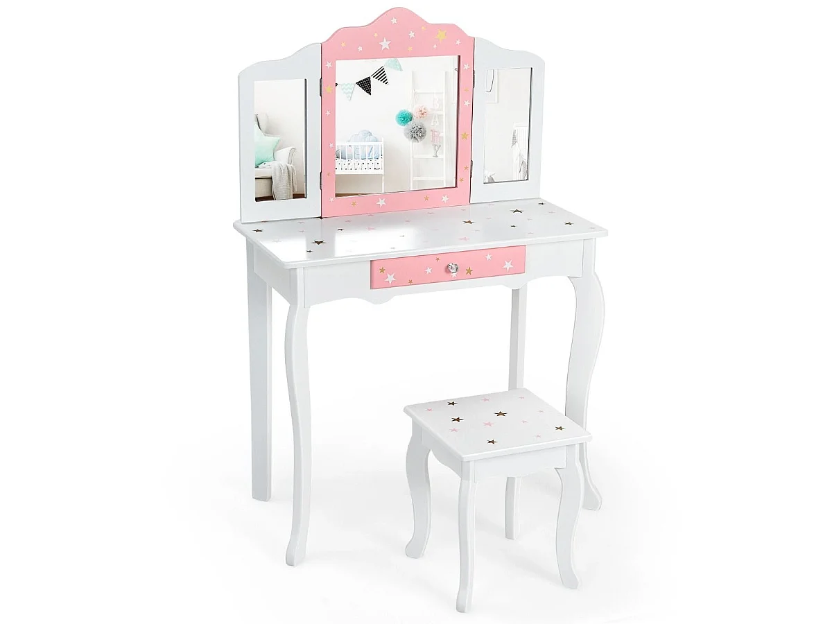 Kinder Schminktisch Prinzessin Frisiertisch mit Schublade Klappbarer Spiegel mit Schminktisch Weiß