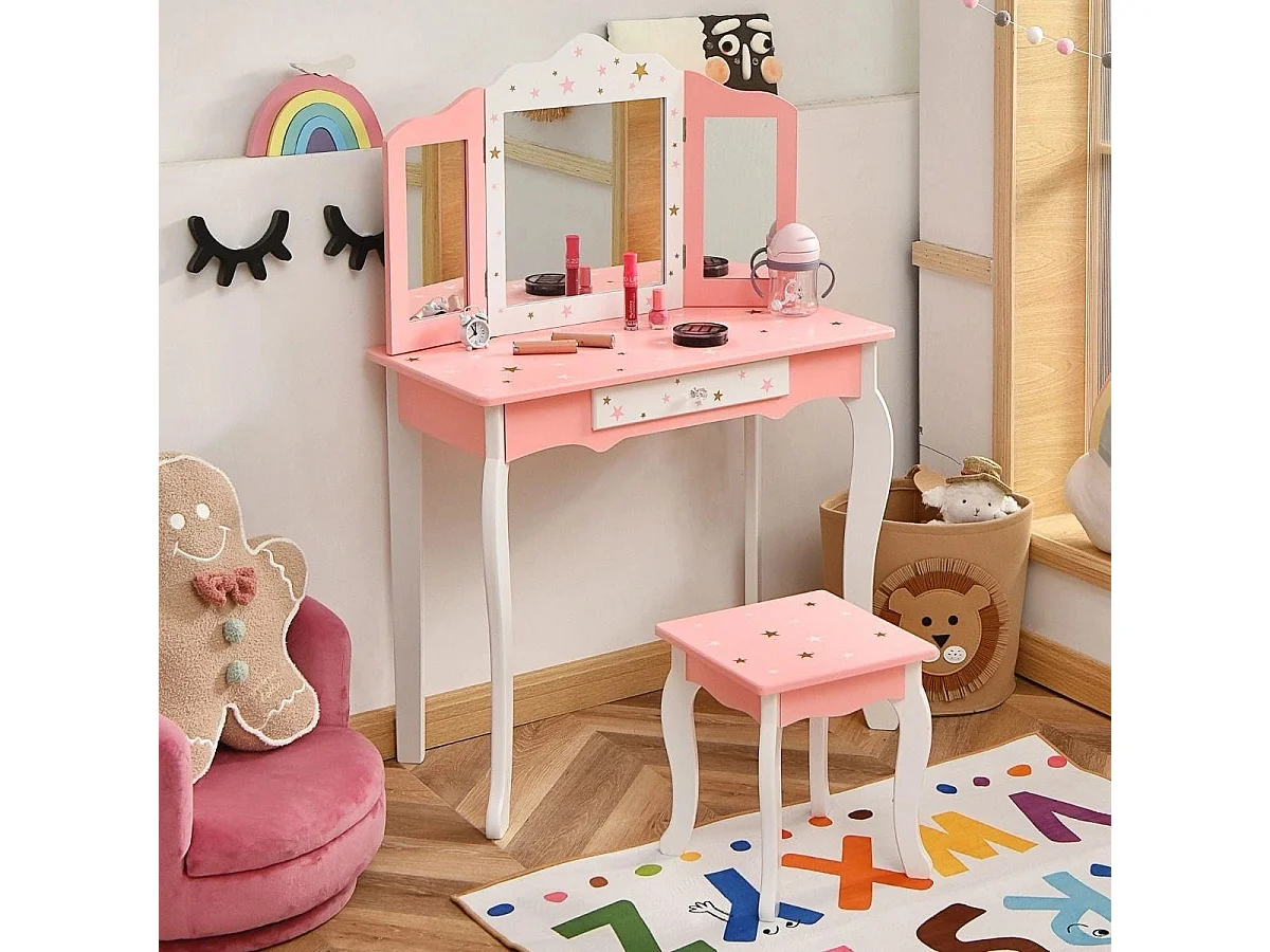Kinder Schminktisch Prinzessin Frisiertisch mit Schublade Klappbarer Spiegel mit Schminktisch Rosa